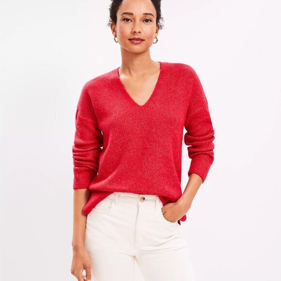 LOFT Sweaters - "NWT" Loft Ribbed V-Neck Pullover Sweater- Red- Women's Size Small‎